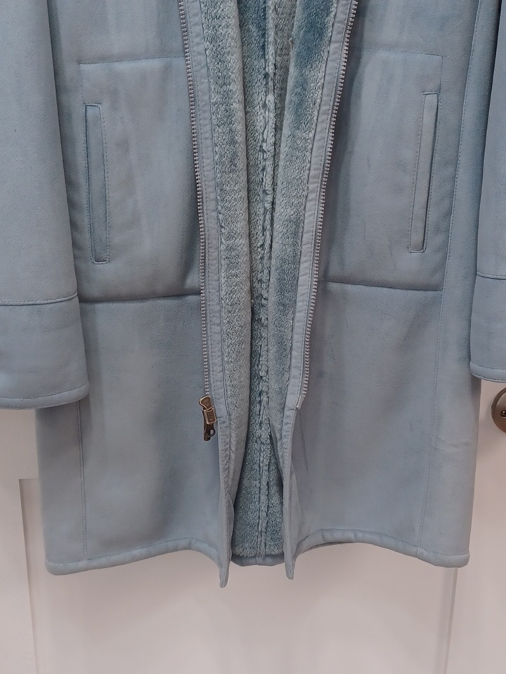 Faux Suede Leather & Velour, Blue Trench Coat Hoodie Long, Small - Medium - Picture 6 of 12
